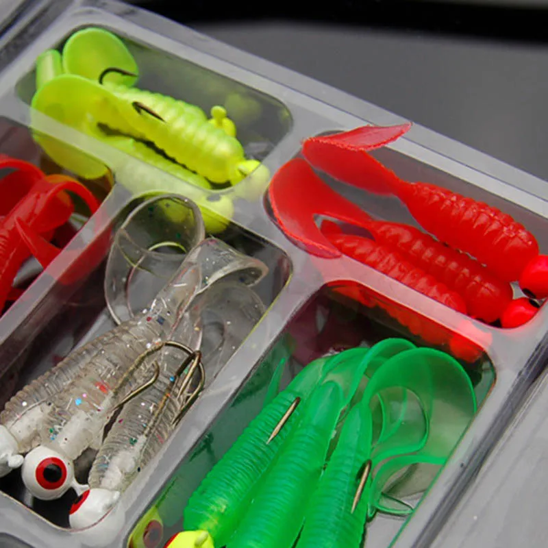 21pcs Mini Soft Fishing Lure Lead Jig Head Hook Grub Worm Silicone Fish Baits Artificial Bait Fish Lure Set рыбалка