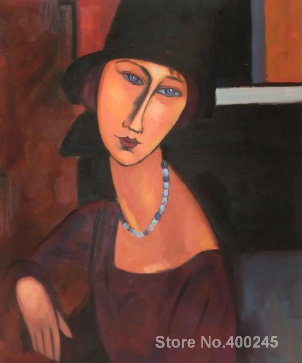 

Classic Art Portrait Jeanne Hebuterne with Hat and Necklace Amedeo Modigliani Painting Handmade Oil Canvas Artwork High Quality