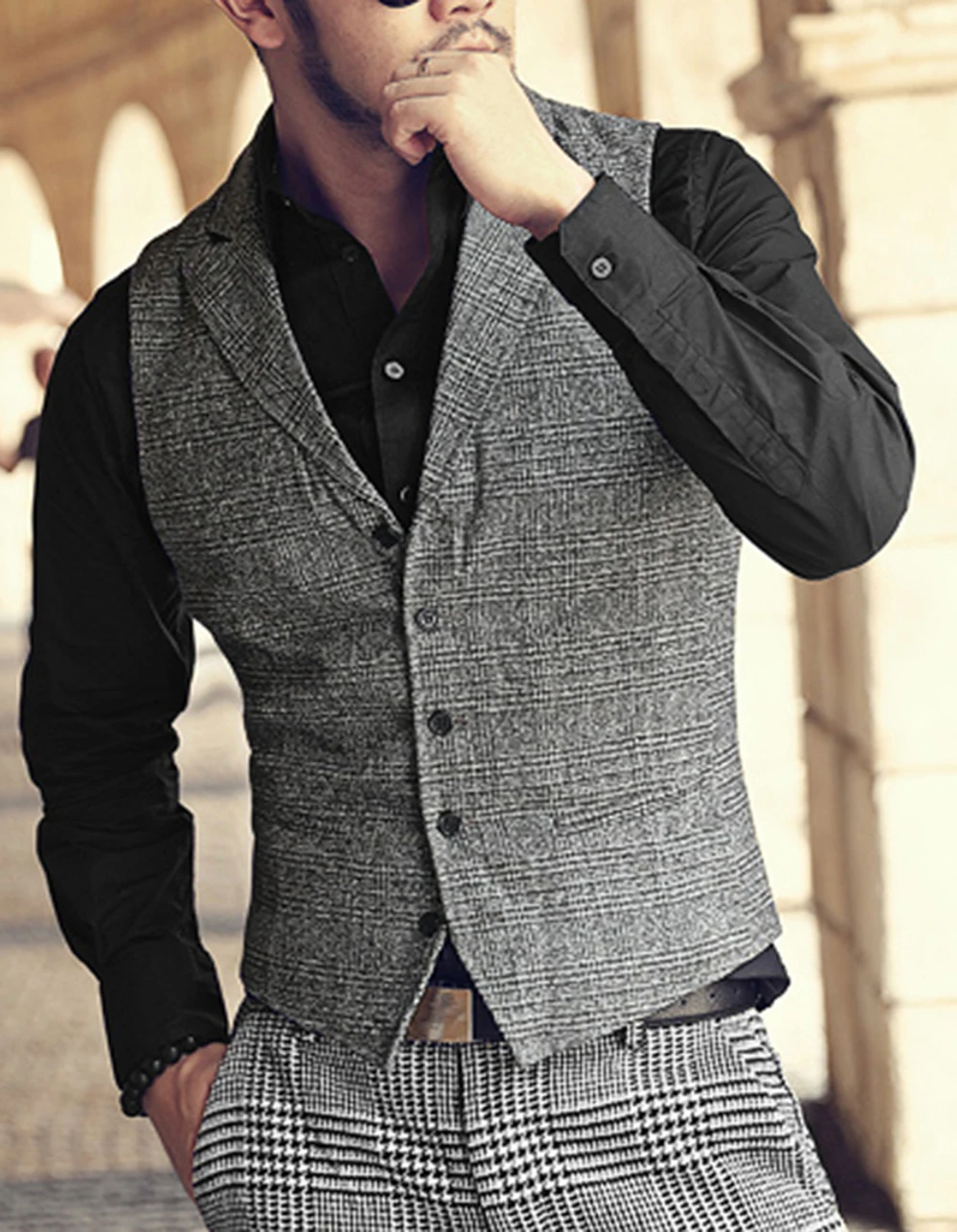 Mens Suit Vest Plaid Neck Wool Grey Single-breasted Slim Fit Waistcoat Casual Formal Business Groomman For Wedding Best Man