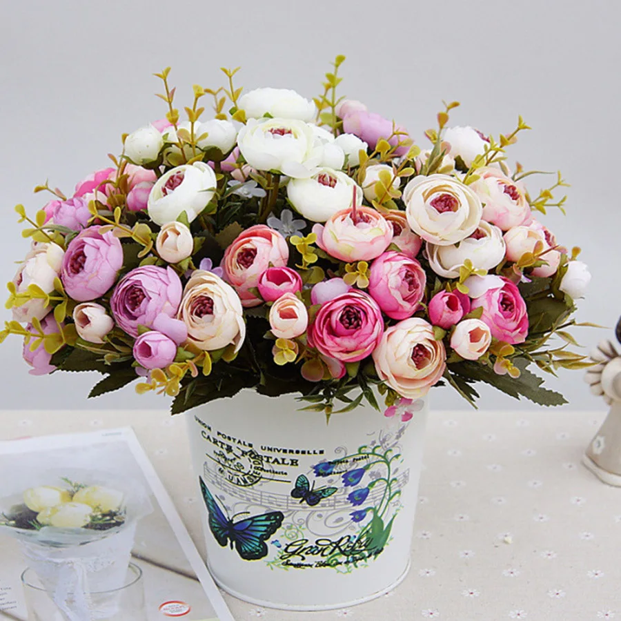 white silk tea roses artificial flowers bride small bouquet for wedding home decoration high quality fake flowers roses bouquet