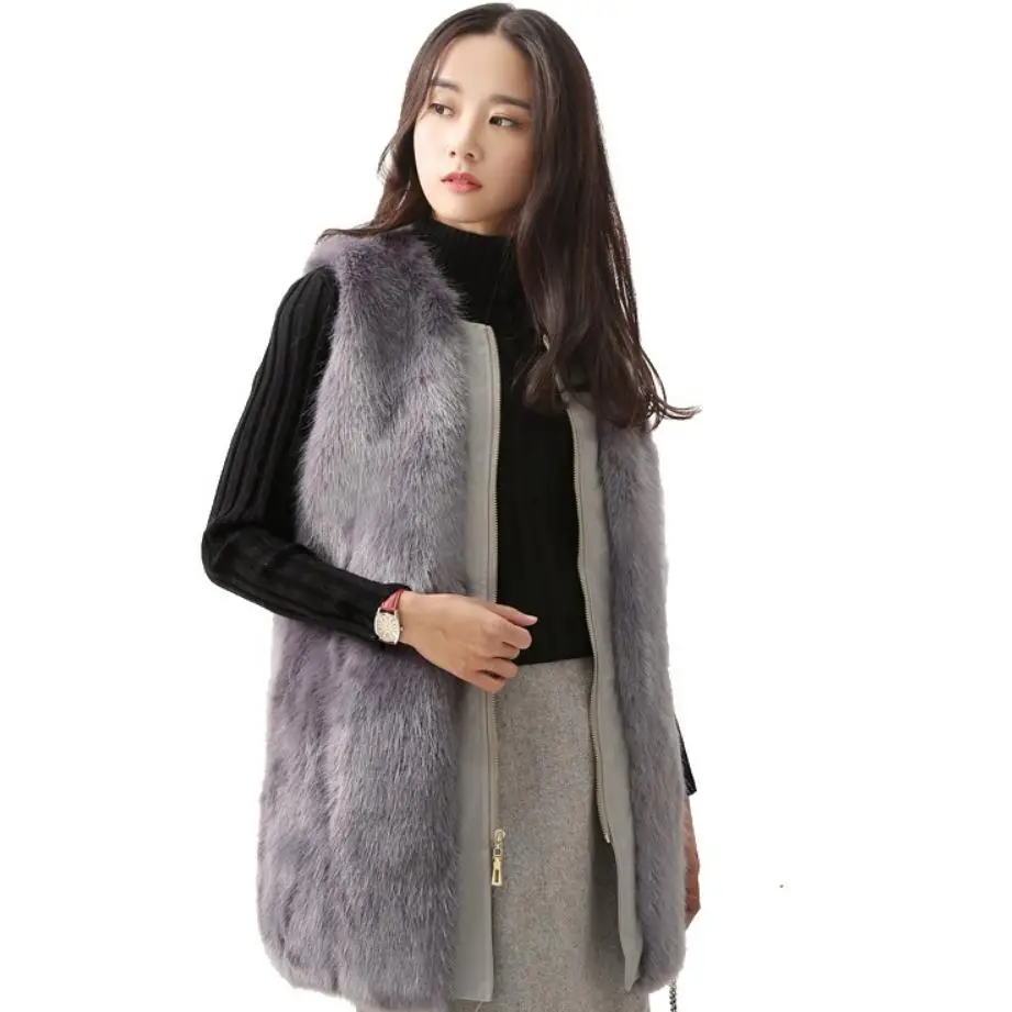 

Faux Fur Vest Coat High Imitation Fox Fur Waistcoat Female Winter Fashion Sleeveless Jacket PU stitching Coat warm Outwear L1811