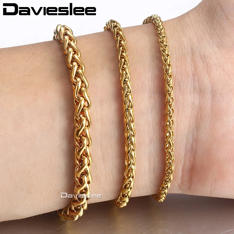 Davieslee Bracelets For Women Men Gold Color Braided Wheat Chain Stainless Steel Bracelet Fashion Woman Jewelry Wholesale KBM138