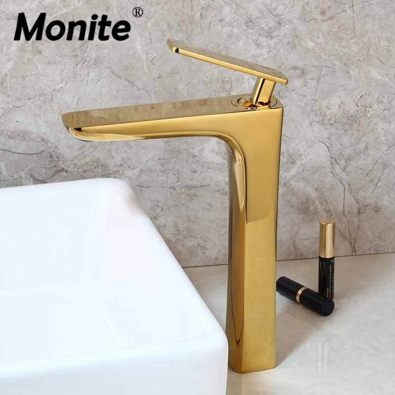 Monite Golden Plated Stream Spray Bathroom Wash Basin Sink Faucet Vessel Single Handle Deck Mounted Solid Brass Faucet Mixer Tap