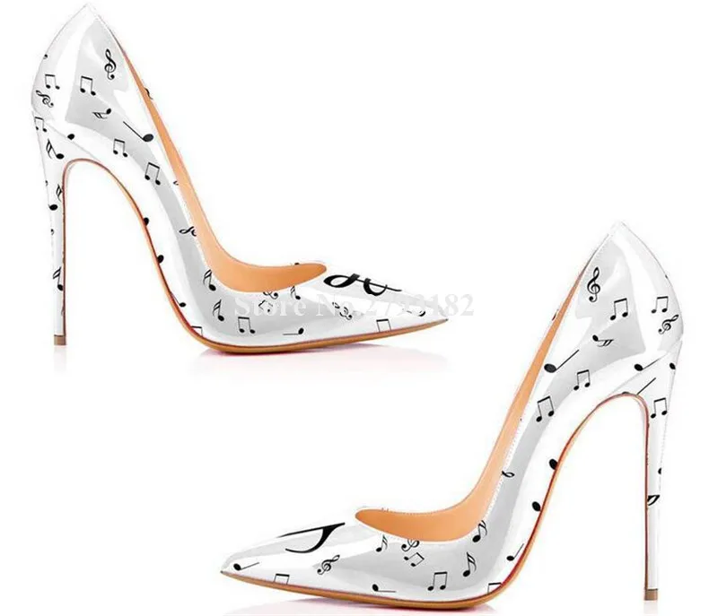 Brand Design Patent Leather Pointed Toe Music Notes Printed Stiletto Heel Pumps White Black High Heels Formal Dress Shoes