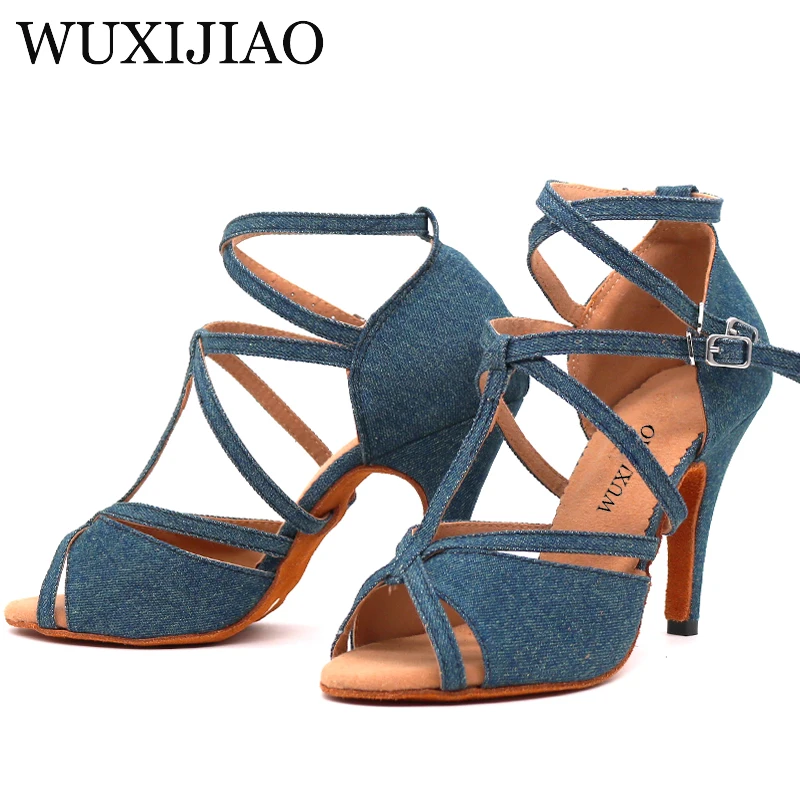 WUXIJIAO Denim Fabric Women Professional Latin Dance Shoes Salsa Ballroom Samba Dance Shoes Ladies High Heels Soft  Heel 5-10cm