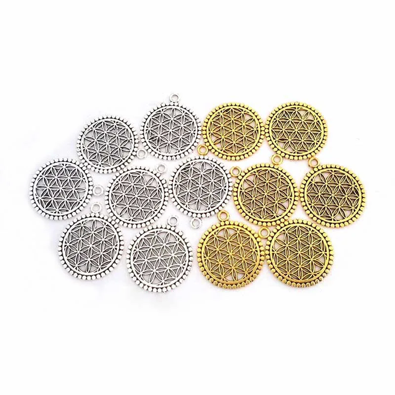 

20 x Tibetan Silver/Gold Color Hollow Flower of Life Round Charms Pendants for DIY Handmade Jewelry Making Findings