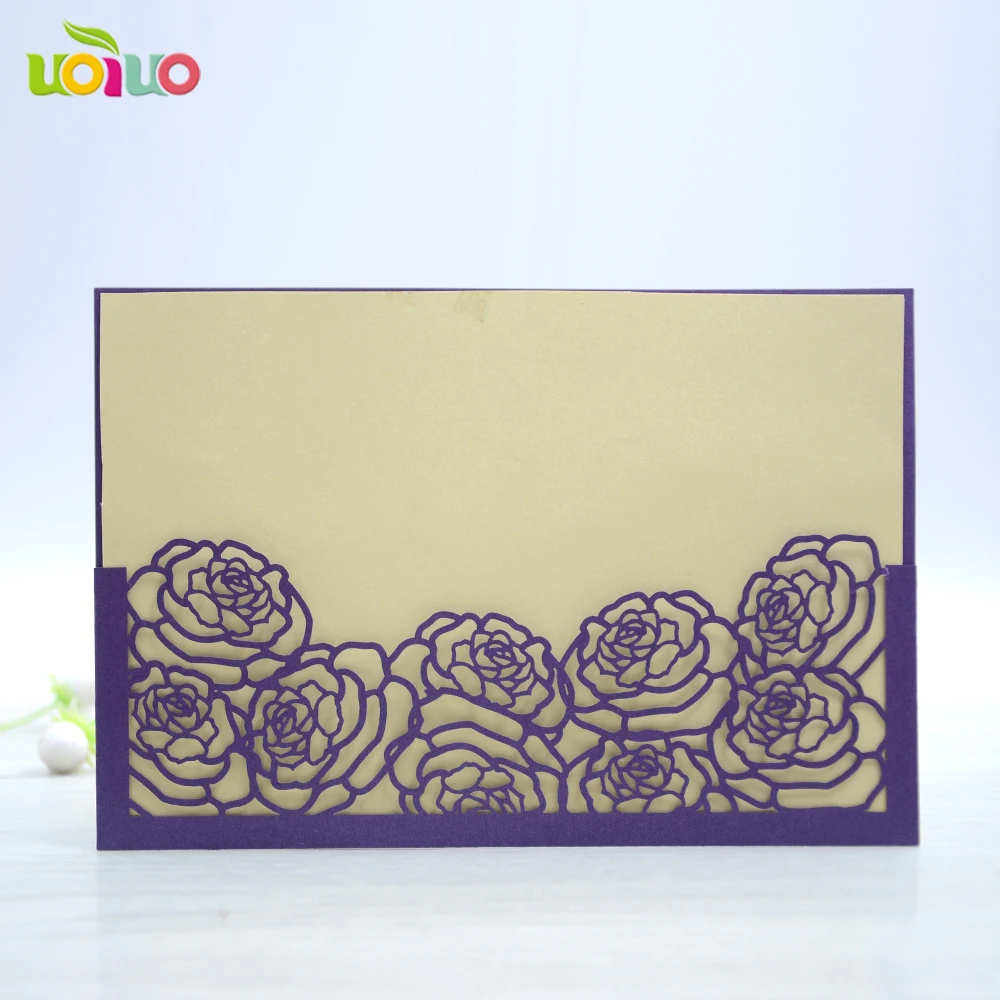 

50set inc142 purple pocket Laser Cut Luxury Flora Wedding Invitations Card Elegant Lace Baby Shower Event & Party