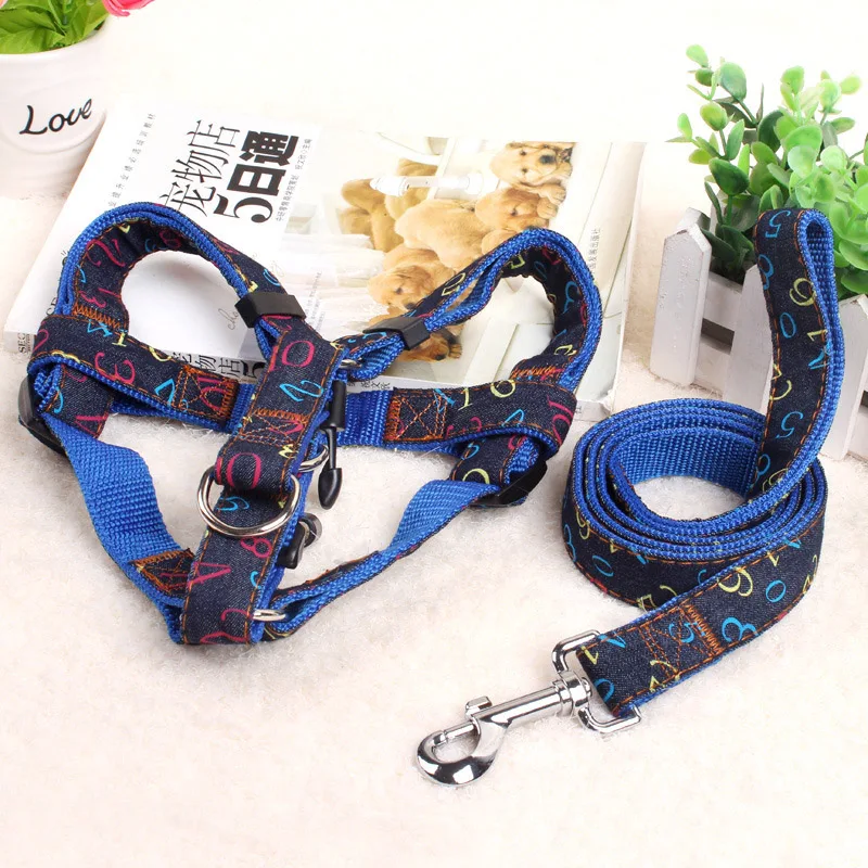 High Quality 120cm Length Fashion Denim & Nylon Rope Dog Leash Black/Red/Blue Jean Puppy Dog Harness+Leash Sets Pet Product