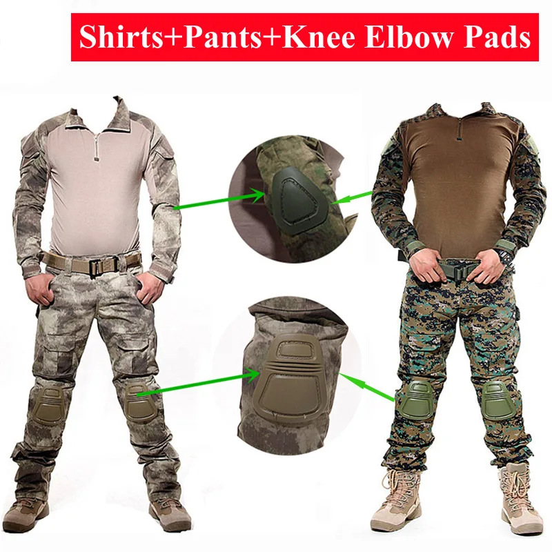 Male Camouflage Combat Multicam Shirt Pants Elbow Knee Pads US Army Military Shirt Cargo Pants Airsoft War Game Clothe Suits