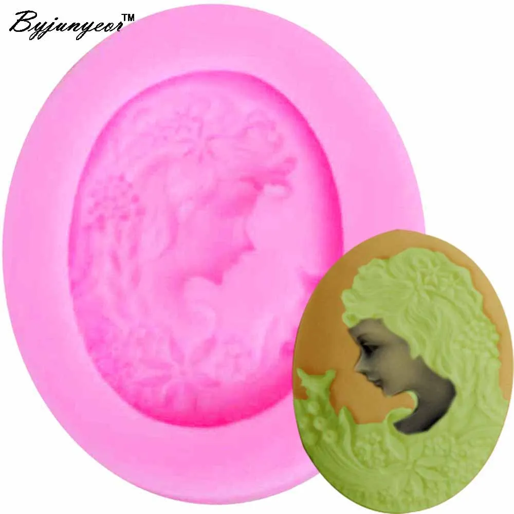 Mirror Frame Girl Head Portrait Silicone Mold Fondant Chocolate Candy Sweets Lollipop Crystal Epoxy Soft Clay Baking Tool m749