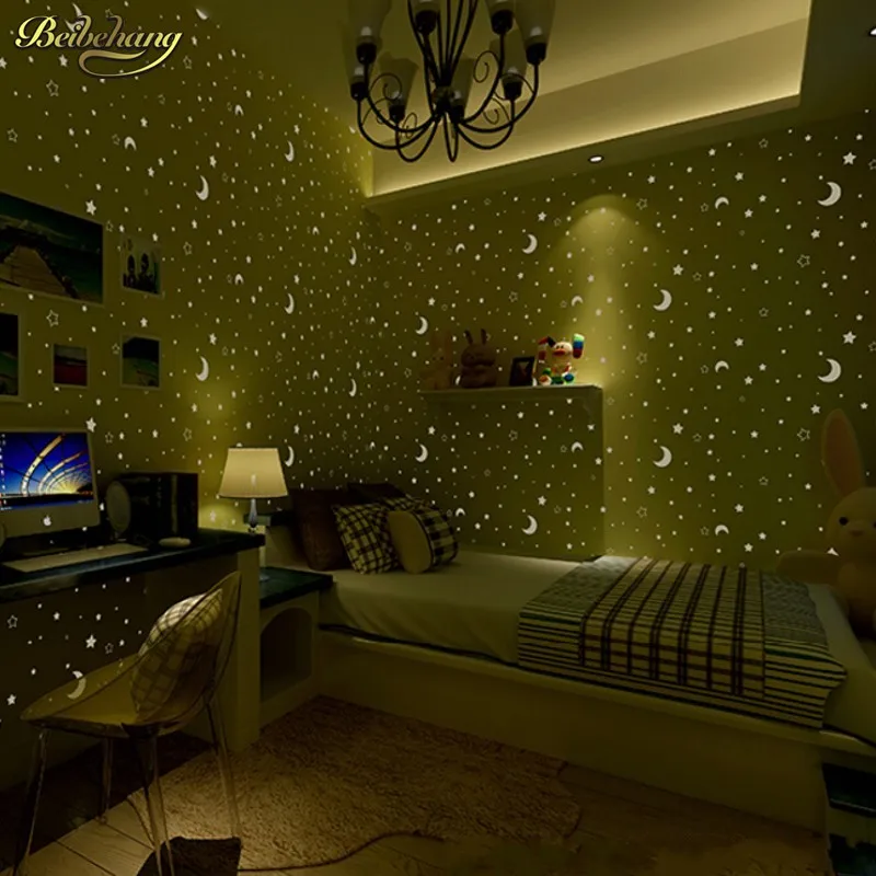 beibehang 3d wall paper children's room luminous moon and the stars little boys and girls bedroom wallpaper fluorescence