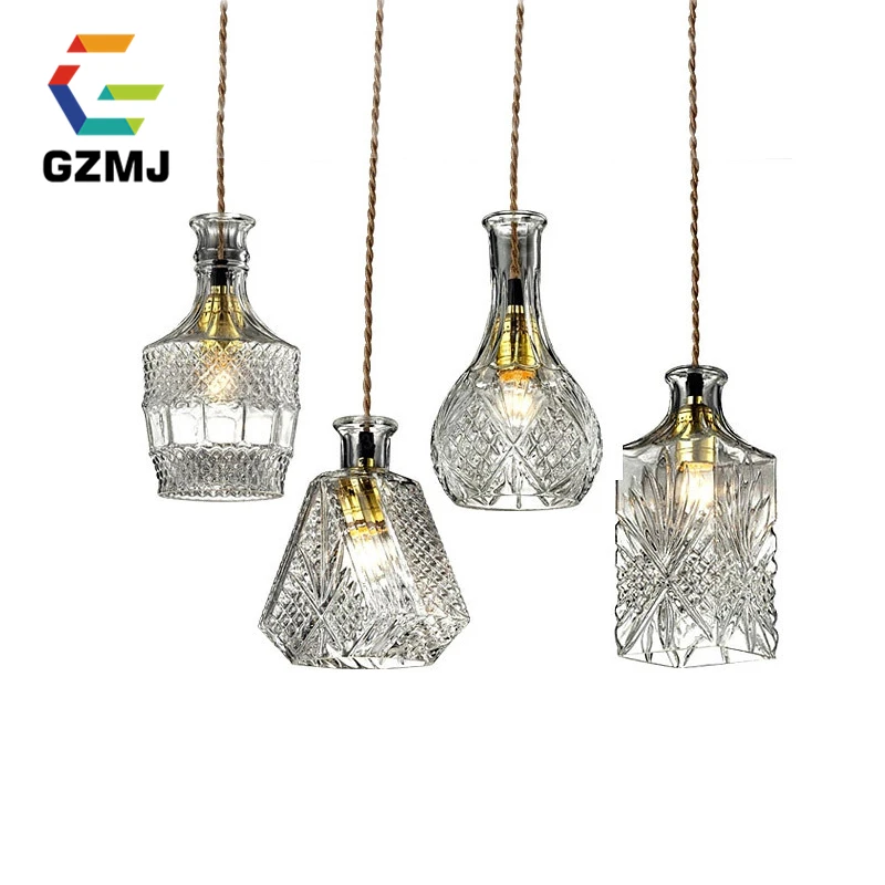 

Retro Indoor Lighting Vintage Pendant Light LED Lights Carved Bottle Glass Lampshade Warehouse Style Light Fixtures 1 Piece