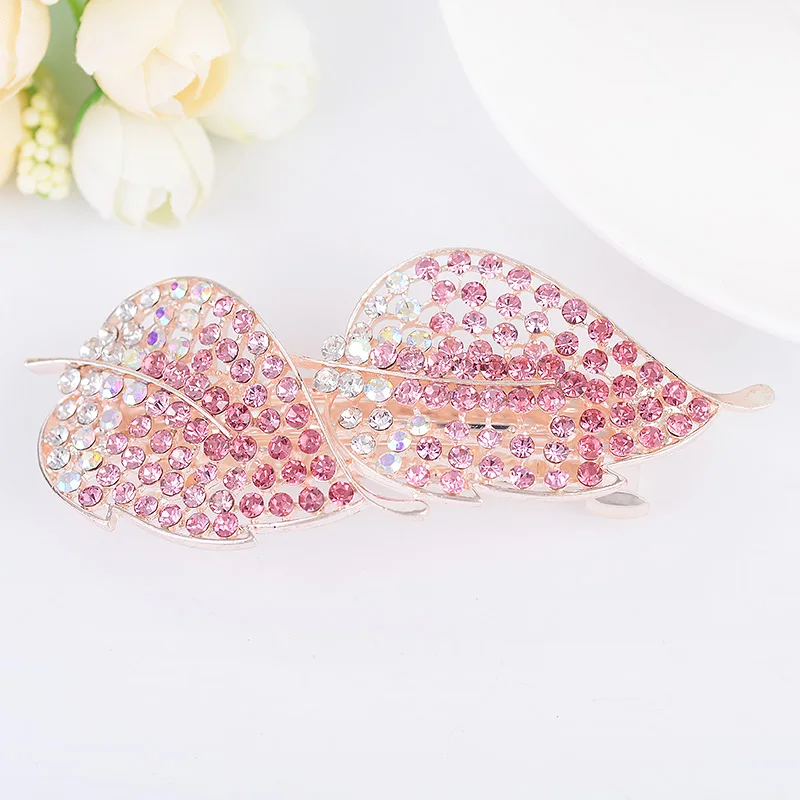 EASYA High Quality Full Crystal Hairpin Hairwear Jewelry Tone Metal Rhinestone Leaves Hair Clip Barrettes