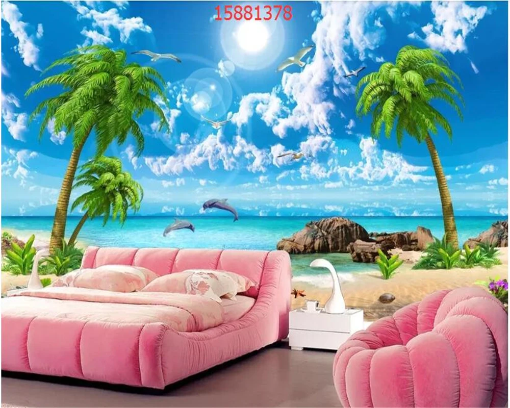 beibehang Custom size HD beautiful dreamy image seascape coconut tree beach landscape TV background wall wallpaper behang