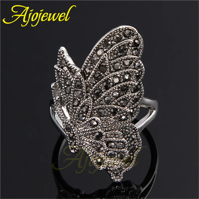 Ajojewel Big Vintage Butterfly Ring Marcasite Jewelry Rings For Women Retro Accessories