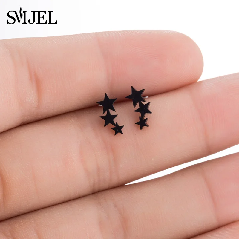 SMJEL New 3 Star Earrings Black Stainless Steel Stud Earrings for Women Punk 2024 Sky Star Jewelry Earring oorbellen Brincos