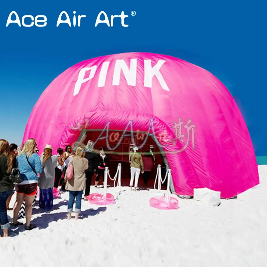 Tenda publicitaria portátil rosa gigante, marquesina inflable con cúpula de aire para fiesta en la playa con puerta personalizada