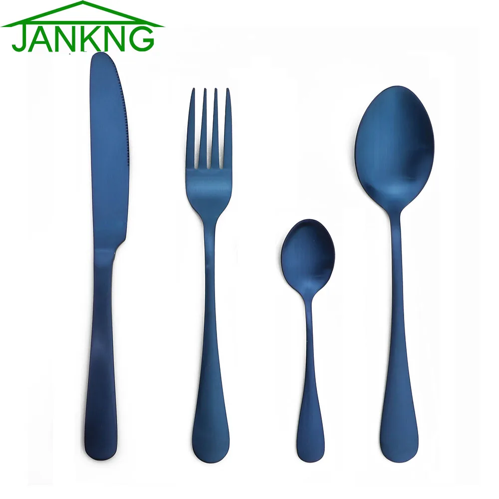 JANKNG 4-Pcs Stainless Steel Luxury Matte Black Cutlery Set Western Gold Tableware Set Fork Knife TeaSpoon Dinner Dinnerware Se