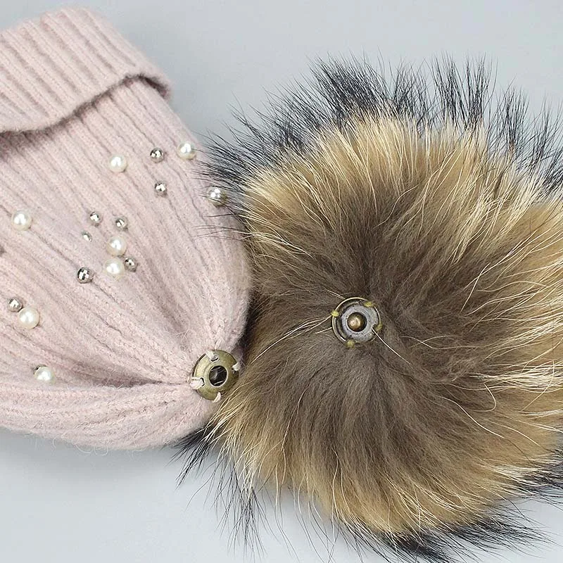 New Wool Beanies Women Real Natural Fur Pom Poms Fashion Pearl Knitted Hat Girls Female Beanie Cap Pompom Winter Hats for Women