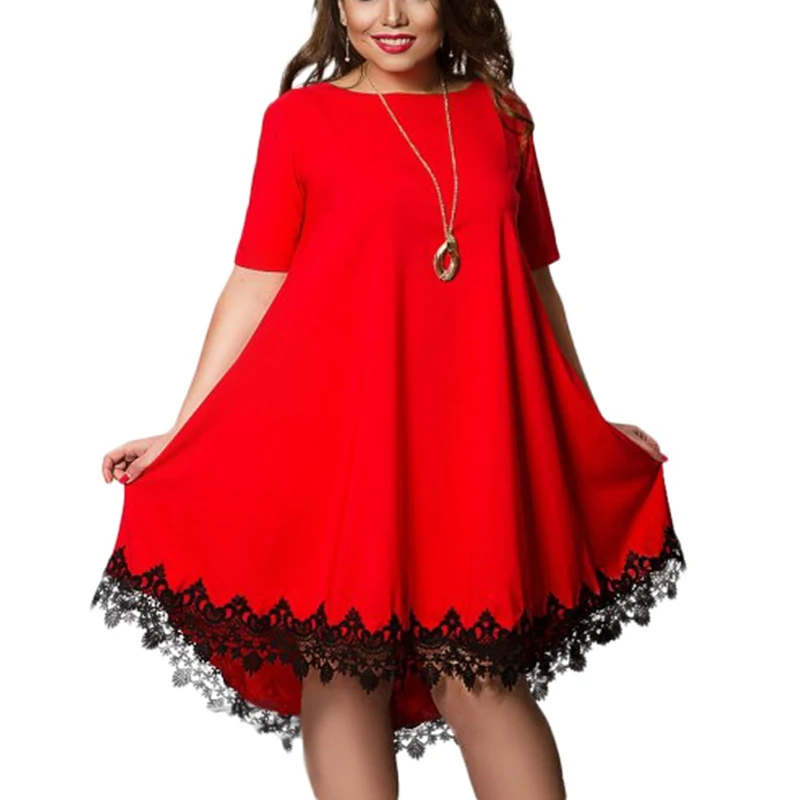 

Summer Women's Large Size 6XL Casual Round Neck Short Sleeve Open Back Solid Color Lace Panel Dress