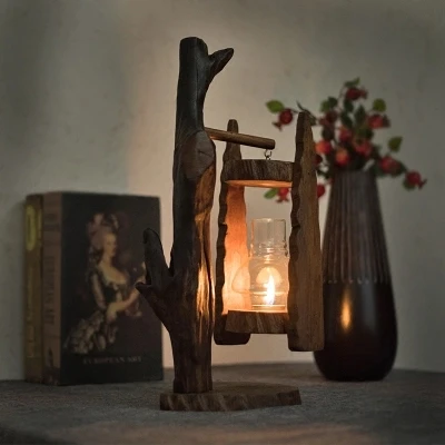 Natural Teak Candle Holder With Glass Windproof Outdoor Light Decoration Vintage Wooden Lamp Handmade Gift Chinese Style