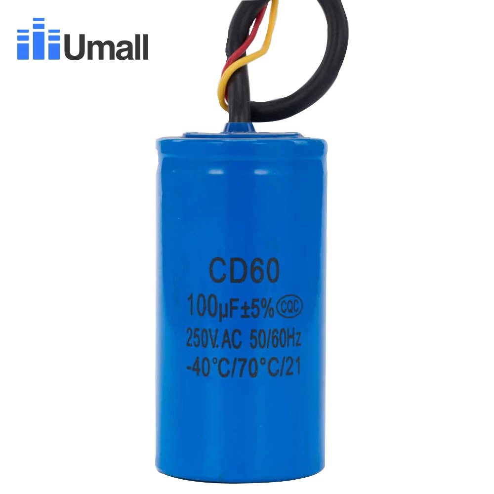 

CD60 100UF 250V AC Starting Capacitor For Heavy Duty Electric Motor Air Compressor Red Yellow Two Wires