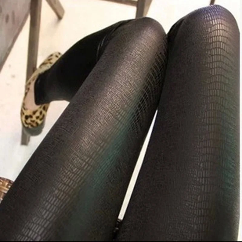 2 pçs/lote Mulheres Moda Leggings Sólidos Mid Cintura Tornozelo-comprimento Cor Pura Imitação de Pele de Cobra Primavera Outono Finas Calças