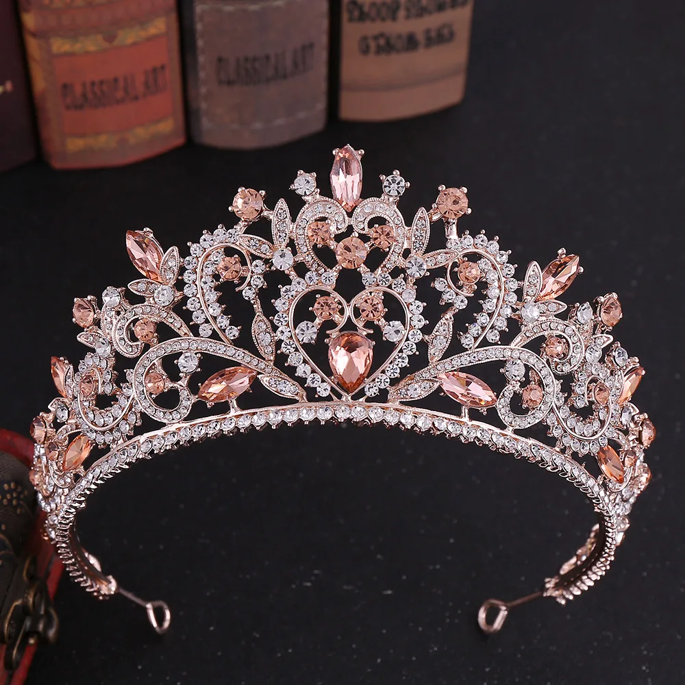 Baroque Vintage Rose Gold Color Heart Crystal Bridal Tiaras Crowns Pageant Rhinestone Diadem Veil Tiara Wedding Hair Accessories