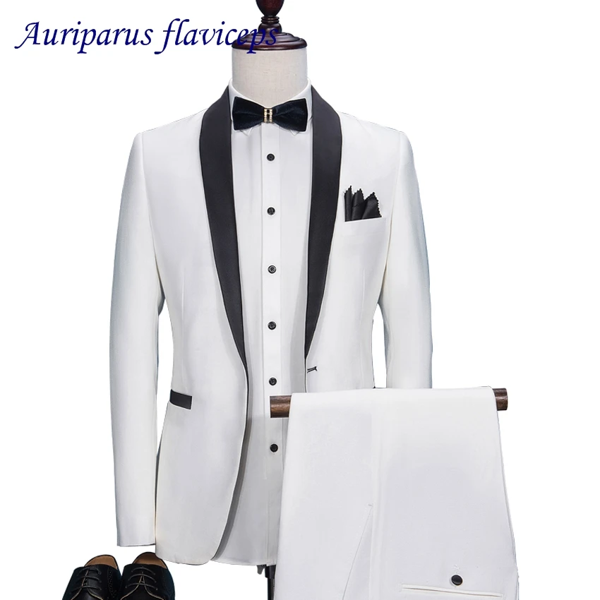 New High Quality 2025 White Groom Tuxedos Slim Fit Tailored Suit Black Shawl Lapel Wedding Suits For Men (Jacket+Pants)