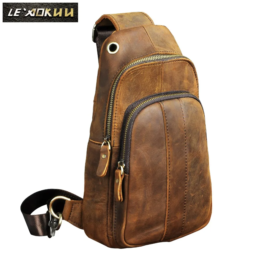 

Original Leather men Casual Fashion Travel Triangle Chest Sling Bag Design 8" Tablets One Shoulder Strap Bag Daypack Male 8006