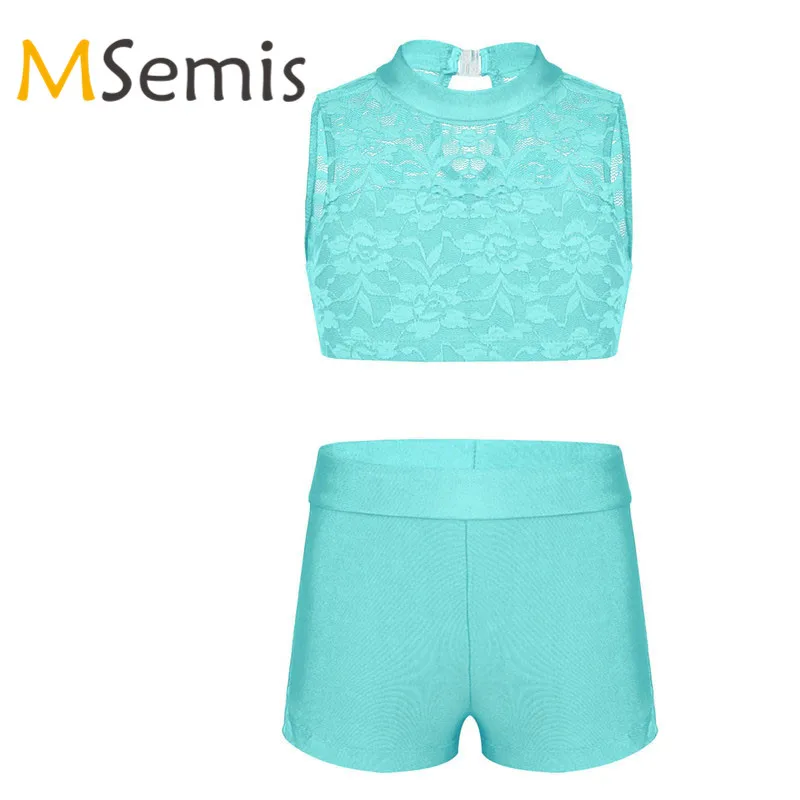 2PCS Kids Girls Swimsuit For Gymnastics Ballet Crop Top with Dance Shorts Set Athletic Outfit Floral Lace Tank Top for Workout