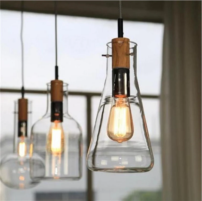 Modern Clear Glass Laboratory Bottle Pendant Light Fixture DIY Home Decoration Dinning Room Bar Cafe Wood E27 Bulb Pendant Lamp