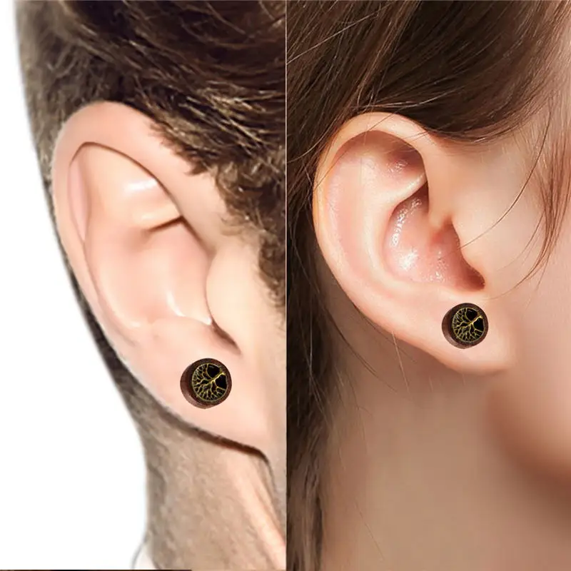 BONISKISS-Boucles d'oreilles à tige en bois pour femmes et hommes, arbre de vie rond double face, boucles d'oreilles barbell punk gothiques, 2020