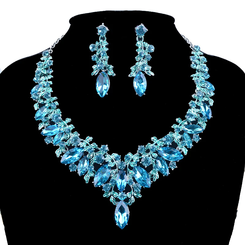 Fashion blue Color Delicate Bridal party jewelry sets marquise glass lake blue necklace and earrings women dress jewelry