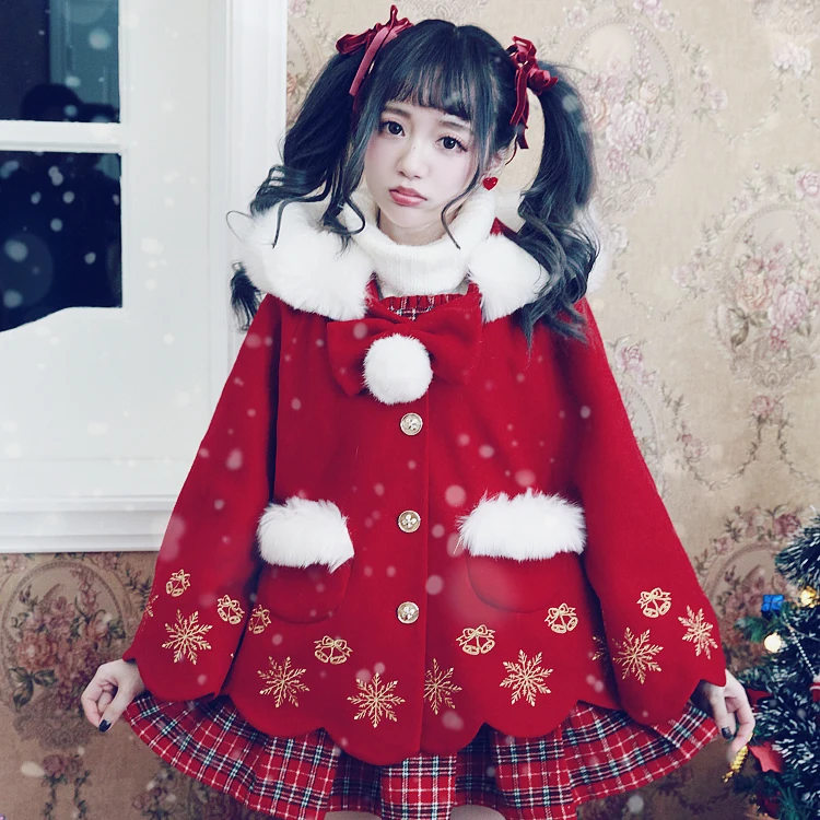 Princess sweet lolita student sweater BOBON21 Christmas snowflake embroidered wool coat C1439