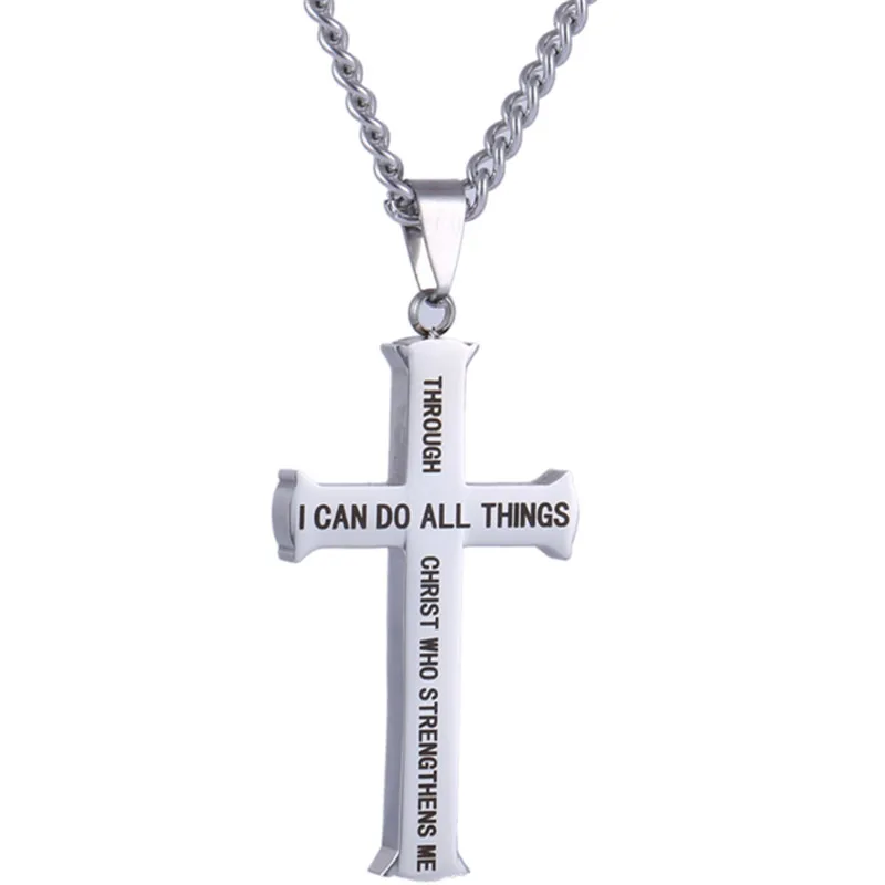 Philippians 4:13 Jewelry Stainless Steel Cross Pendant Necklace Bible Verse With Curb Chain 1107