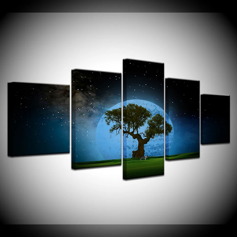 Canvas Painting Lucky tree with moon star sky landscape 5 Pieces Wall Art Painting Modular Wallpapers Poster Print Home Decor