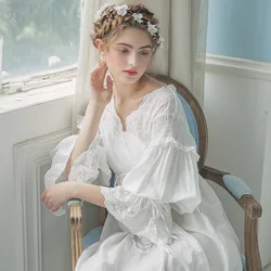 Women Vintage Gown White Cotton Princess Nightgown Ladies Royal Casual Sleepwear Women Night wear European Retro Style Dress 213