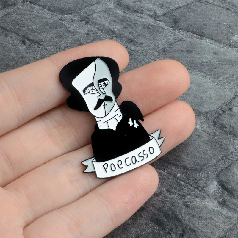 Funny art style Edgar Allan Poe Enamel Pin Two-Face Black Poecasso style Man Brooch Buckle Hat Backpack Shirt Collar Jewelry