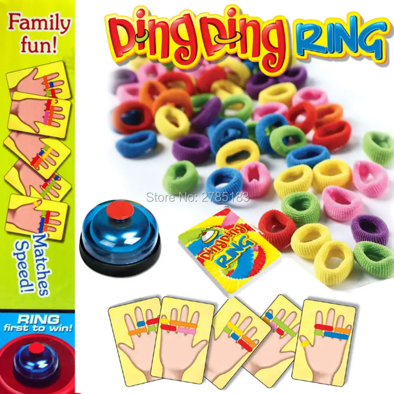 Ring Ding Toy Family Party Games Great Practical Gadgets Funny Challenge Bell  with 24 pcs picture cards 60 pcs Hair Rings