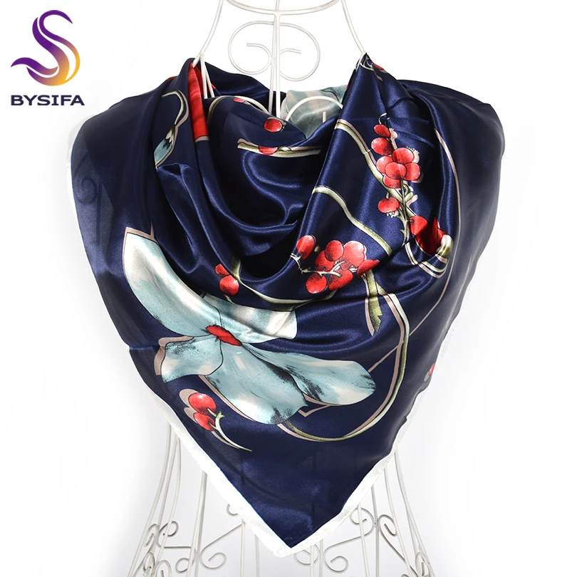 [BYSIFA] Women Navy Blue Satin Square Scarves Wraps New Brand Silk Scarf Shawl Spring Fall Floral Ladies Neck Scarf Cape 90*90cm