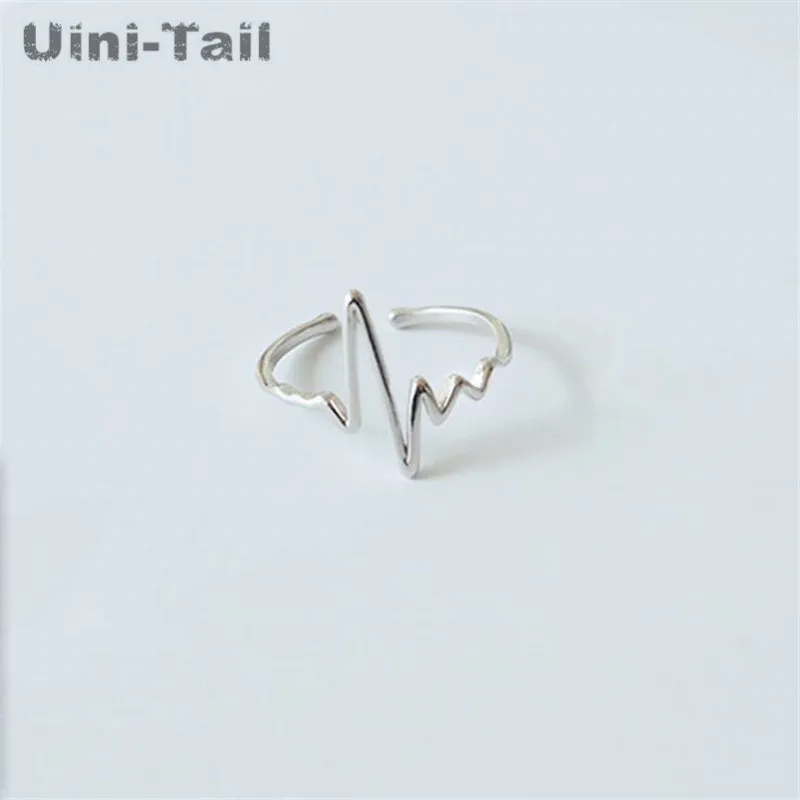 Uini-Tail new listing 925 Tibetan silver fashion personality ECG ring simple creative dynamic wave heartbeat open ring  JZ027