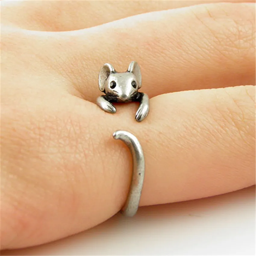 Kinitial Chic Vintage Little Mouse Finger Ring for Women Kids Girl Antique Silver Color Bronze Cute Rat Rings Jewelry Party Gift