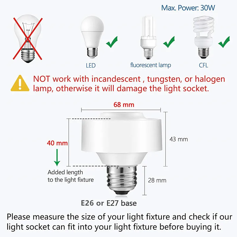 LoraTap Tuya Smart WiFi Light Socket Lamp Holder for Led Bulb E27 E26 Google Home Echo Alexa Voice Remote Control ON OFF