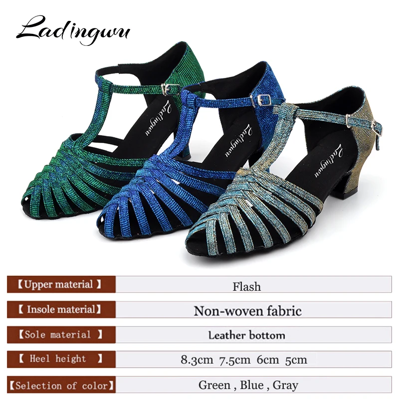 Ladingwu  Factory Outlet Discoloration Flash Cloth Ballroom Party Salsa Dance Shoes Green Blue Gray Latin Dance Shoes Woman