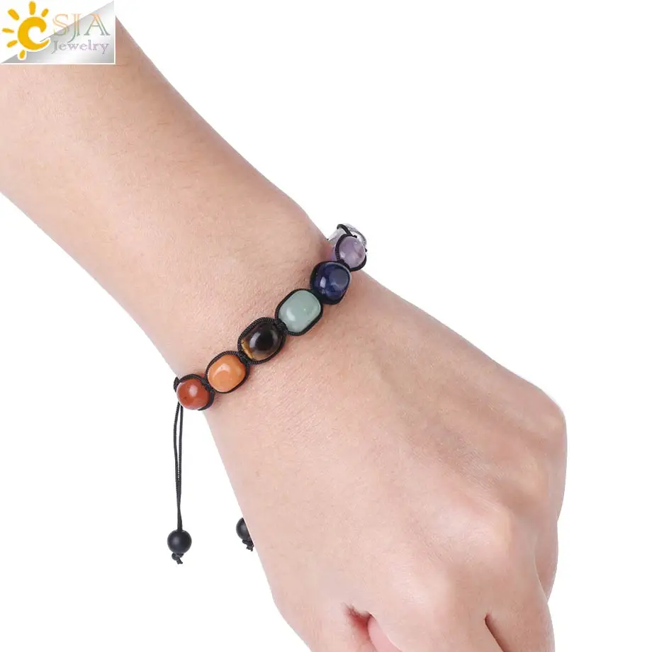 CSJA 7 Chakras Bracelets Reiki Natural Stone Braided Women Bracelet Healing Irregular Bead Handmade String Rope Adjustable G022 image 5