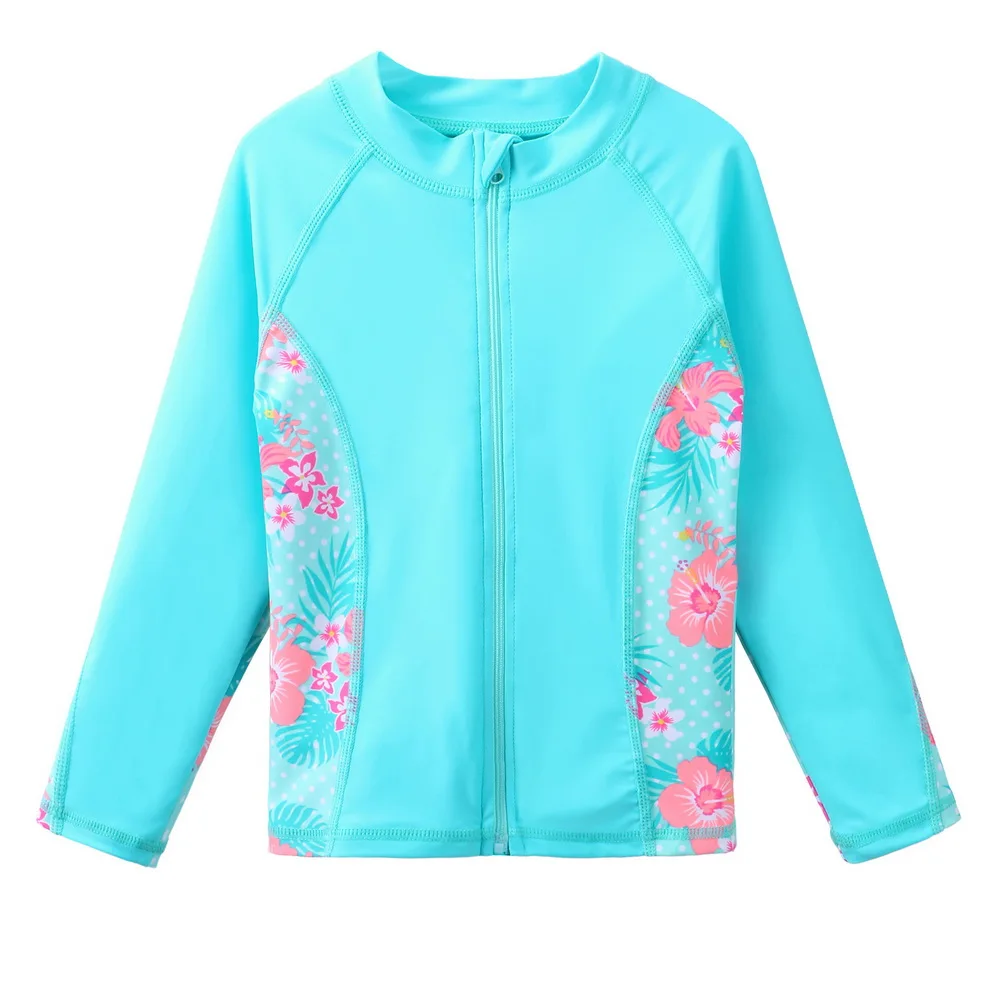 BAOHULU Children\'s Swimwear Cyan Floral Swimsuit Girls Bikini Tankini Set Swimwear Kids Long Sleeve Swimming Suits for Girl