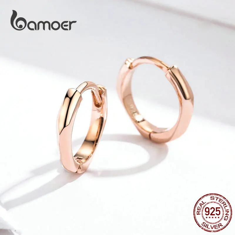 BAMOER Tiny Hoop Earrings for Women Rose Golden 925 Sterling Silver Geometric Simple Ear Hoops Minimalist Fine Jewelry BSE119