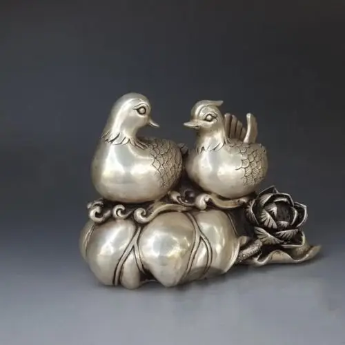 Collect white copper Mandarin Duck Lotus Flower Auspicious Statue