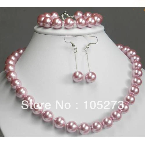 

New Arriver Shell Pearl Jewelry Set 12mm Charming Round Pink Sea Shell Pearl Necklace Bracelet Earrings New Free Shipping